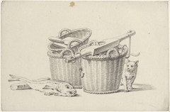 Stilleven met vismanden met juk en een poes by Pieter de Goeje
