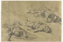Studieblad met schetsen van drie liggende mannen by Leonaert Bramer