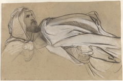 Studies voor de Prediking van Johannes de Doper in de woestijn: mannenkop en draperiestudie van een zittende figuur by Cornelis Kruseman