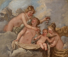 The Three Graces holding Cupid in the Clouds by Marco Liberi