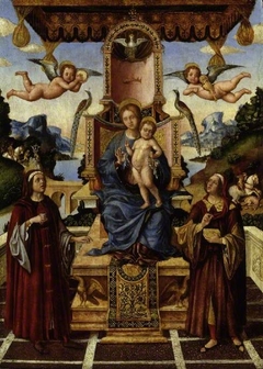 The Virgin and Child enthroned with Saints Cosmas and Damian with St Eustace and Saint George in the background