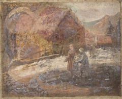 Two little girls against the background of a landscape