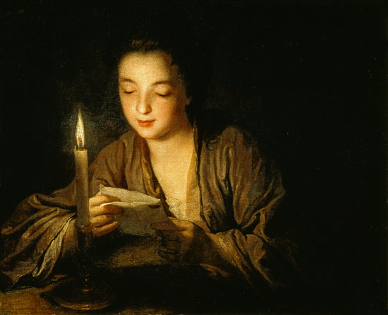 Jeune Fille lisant une lettre à la bougie de Jean-Baptiste Santerre