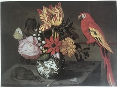 Vase of Flowers with a Mouse and a Parrot by Jan Baptist van Fornenburgh