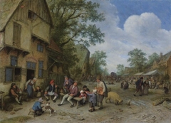 Village scene with a hurdy-gurdy player
