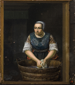 Vrouw aan de wastobbe, staande in vensteropening by Elisabeth Geertruida Wassenbergh