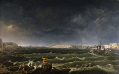 Vue de la ville, de la rade et du port de Saint-Malo, prise de l'anse des Sablons à Saint-Servan, au moment du naufrage d'un vaisseau par une tempête, 1798 by Jean-François Hue
