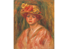 Woman in flower hat wearing a red blouse by Auguste Renoir