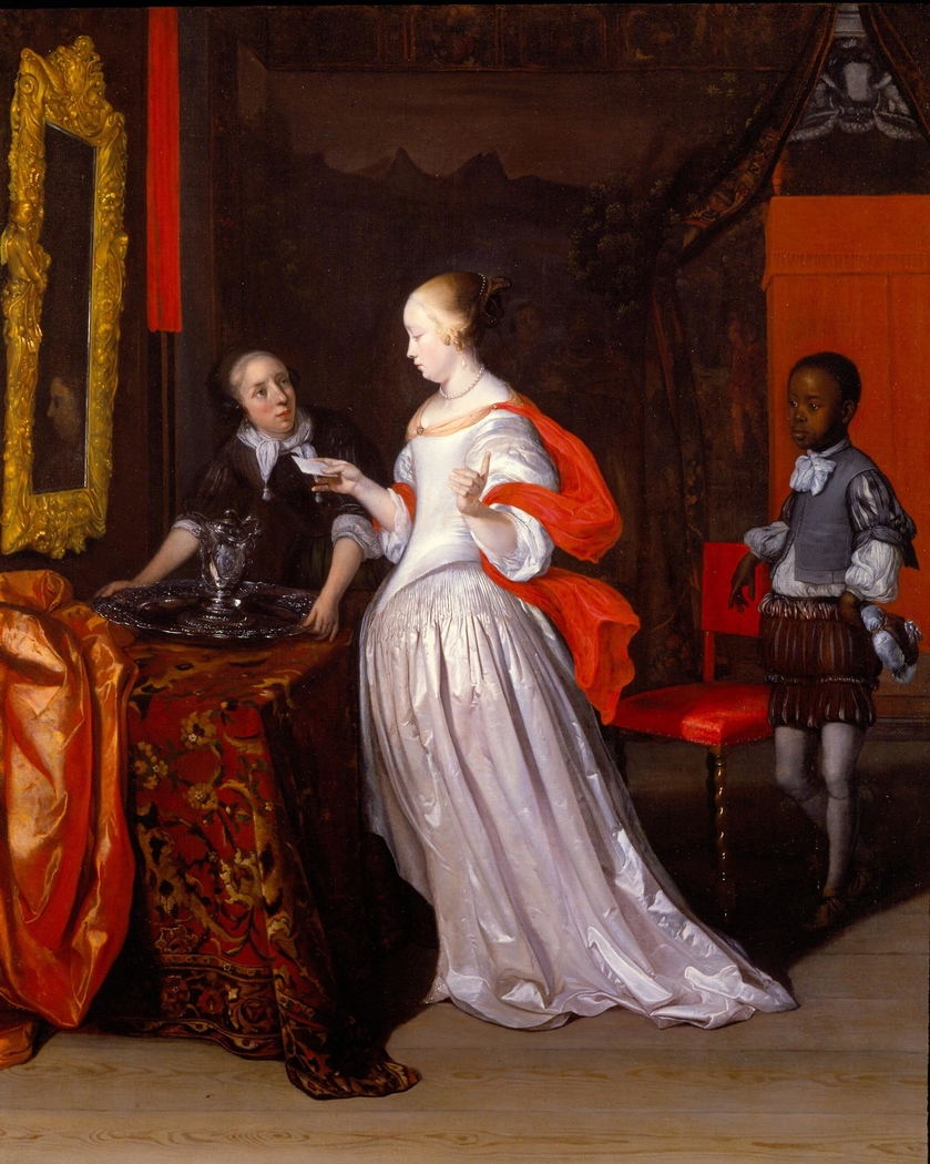 Young woman with a letter and two servants in a distinguished interior