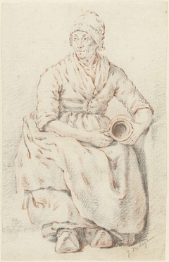 Zittende oude vrouw met klompen aan en een kan op schoot by Jan Hendrik Verheijen