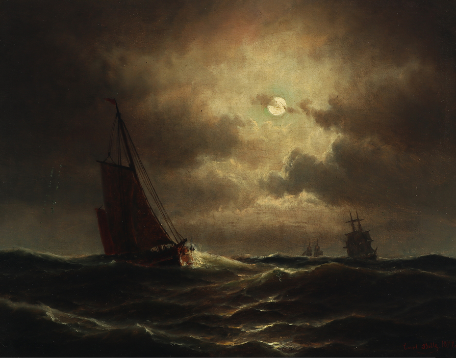 A Dutch fishing boat in the North Sea in Moonlight