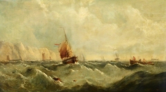 A Dutch smack with a view of distant cliffs by John James Wilson