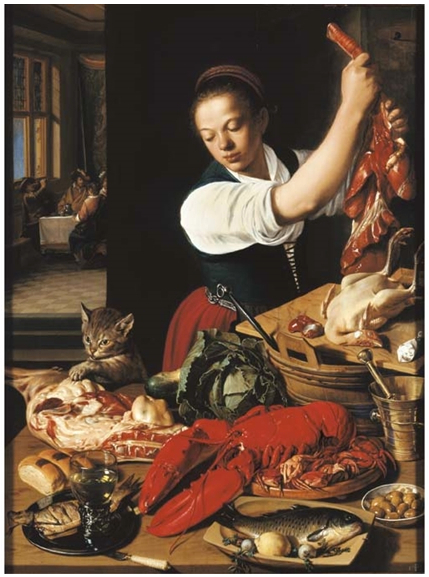 A kitchen interior with a maid preparing meat and gentlemen drinking at a table beyond
