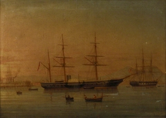 A paddle frigate at anchor off Naples by Antonio de Simone the Elder