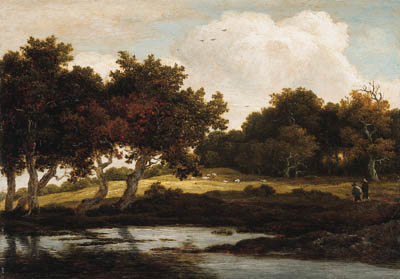 A Wooded Landscape with Travellers on a Track by a Pool