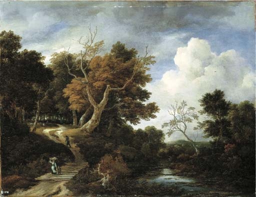 A wooded river landscape with peasants on a bridge
