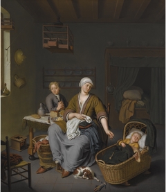 A young mother with two children in an interior by Willem van Mieris