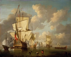 An English man-of-war and yachts in a calm by Anonymous