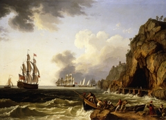 Blick auf die Küste bei Neapel mit einem Royal Navy-Schiff by Jacob Philipp Hackert