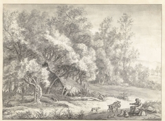 Bosgezicht met herders bij een herdershut by Anthonie Waterloo