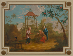 Bovendeurstuk met drie figuren rond een vogelkooi by Jan Hendrik Troost van Groenendoelen