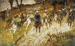 Cavalcata di soldati nel bosco by Giovanni Fattori