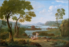 Classical River landscape with figures and goats before a bridge, waterfall and circular temple
