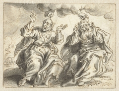 De hand van God plukt een haar uit de hoofden van twee zittende mannen by Adriaen Pietersz. van de Venne