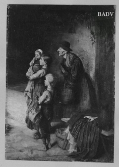 "Die Verwaisten", alte Frau mit drei Kindern bettelnd