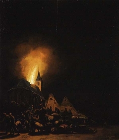 Dorpsplundering bij nacht met soldaten, paarden, buit en op de achtergrond een uitslaande brand uit het dak van een kerk by Philip van Leeuwen