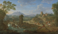Elegant hunting party in an extensive landscape with mountains beyond