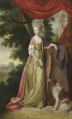 Elizabeth Delaval, Lady Audley (1757 - 1785), holding a book, with a water-spaniel, in a landscape by attributed to Edward Alcock