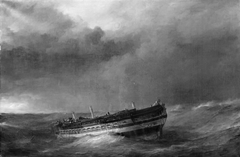 Et orlogsskib efter fransk konstruktion i færd med at kappe de master, der er gået over bord i en storm