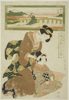 Evening Glow at Seta (Seta sekisho), from the series "Fashionable Eight Views of Omi (Furyu Omi hakkei)" by Kikukawa Eizan