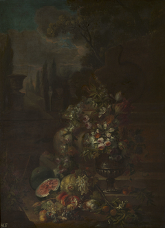 Flowers and Fruit, with a Garden View behind by Anonymous