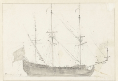 Groot zeilschip van opzij gezien by Willem van de Velde II