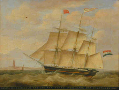 Het fregatschip Gezina het zeegat van Texel inzeilende, 27 januari 1841 by Casparus Johannes Morel