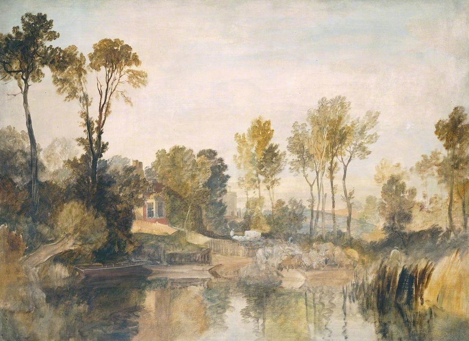 House beside the River, with Trees and Sheep