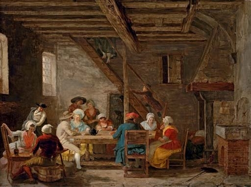 Interior of an inn with cardplayers and elegant figures