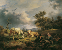 Junges Bauernpaar auf dem Feld rastend by Friedrich Gauermann