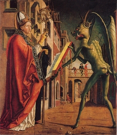 Kirchenväteraltar, Flügelaußenseite: Der Teufel weist dem hl. Augustinus das Buch der Laster vor by Michael Pacher