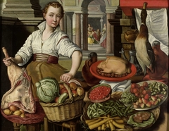 Kitchen Scene, with Jesus in the House of Martha and Mary in the background by Unknown Artist