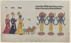 Krishna met Baladeva tegenover drie goden gopi's by Unknown Artist