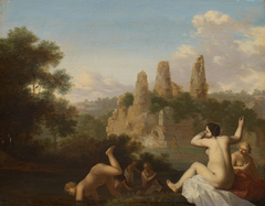 Landschaft bei Albano mit badenden Mädchen (Im Hintergrund das Grabmal der Horatier und Curatier) by Cornelius van Poelenburgh