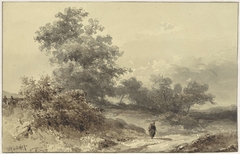 Landschap met bossage en een figuur op een landweg