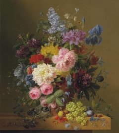 Lilacs, Peonies, Tulips, Roses, Irises and other Flowers with Fruit and a Bird's Nest on a Marble Ledge