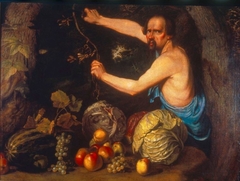 Man, cutting a branch, with a still life of fruit and vegetables by Jan Willemsz van der Wilde