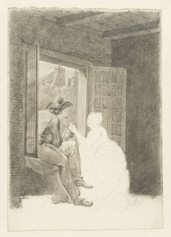 Man, vrouw en kind in gesprek bij een open raam by Pieter Bartholomeusz Barbiers