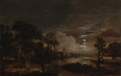 Moonlit Landscape with a View of the New Amstel River and Castle Kostverloren by Aert van der Neer