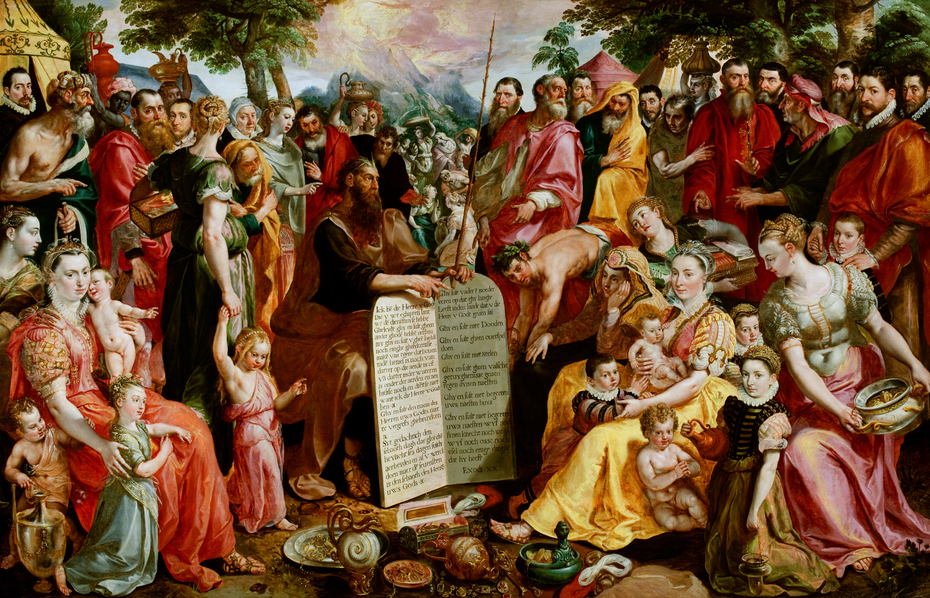 Moses Showing the Tablets of the Law to the Israelites, with Portraits of Members of the Panhuys Family, their Relatives and Friends